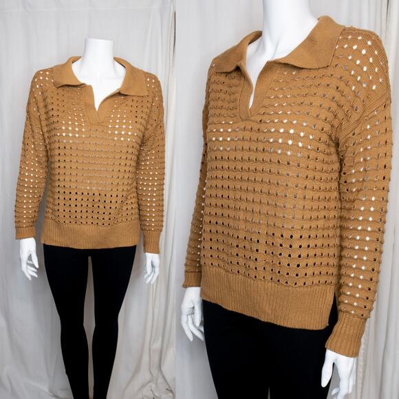JOIE  Collared Eyelet Sweater in Caramel Brown SMALL - Picture 1 of 9